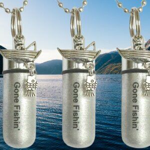 THREE Engraved Brushed Silver "Gone Fishin" CREMATION NECKLACES